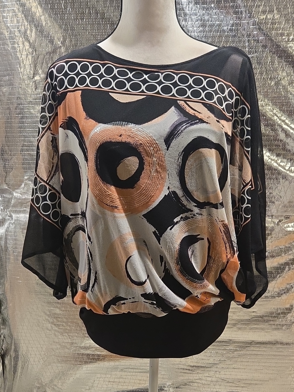 Alfani Black Tunic with Peach and Cream Circular Print